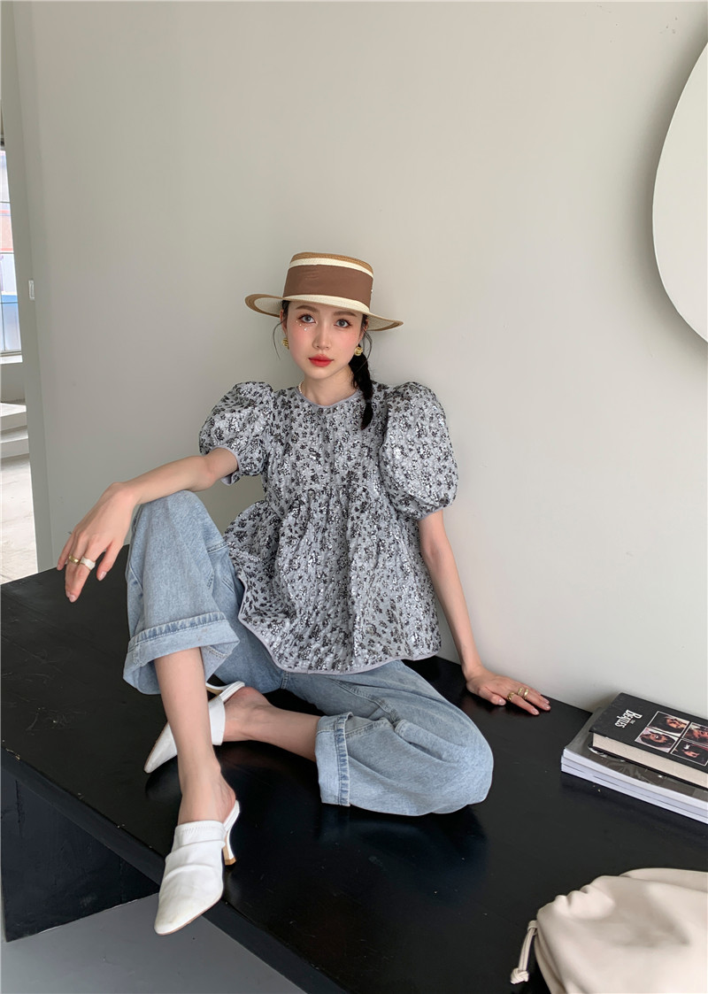 CHEERART Texture Puffy Sleeves Top And Blouses Women Grey Open Back Backless Ruffle Top Summer Short Sleeve Tie Blouse Fashion 210508