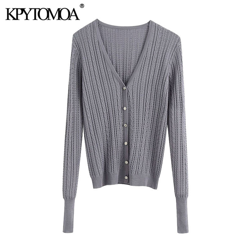 Women Fashion Jewellery Buttons Cable-knit Cardigan Sweater V Neck Long Sleeve Female Outerwear Chic Tops 210420