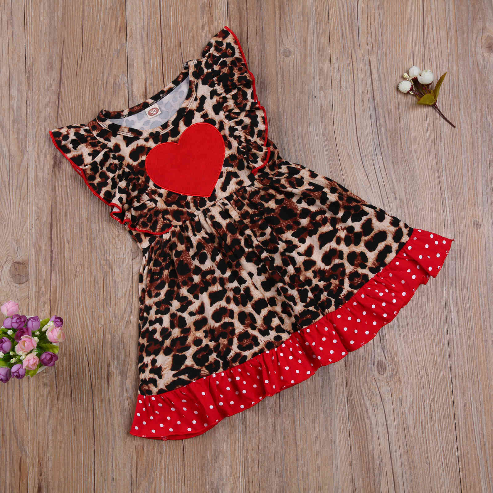 1-6Y Valentines Day Dress For Girls Toddler Kid Child Girl Red Heart Ruffles Leopard Sleeveless 210515