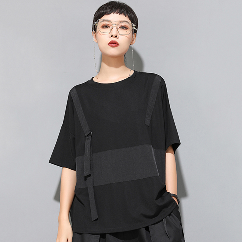 EAM Women Black Contrast Color Split Big Size Tshirt Round Neck Half Sleeve Fashion Spring Summer 1U136 210406