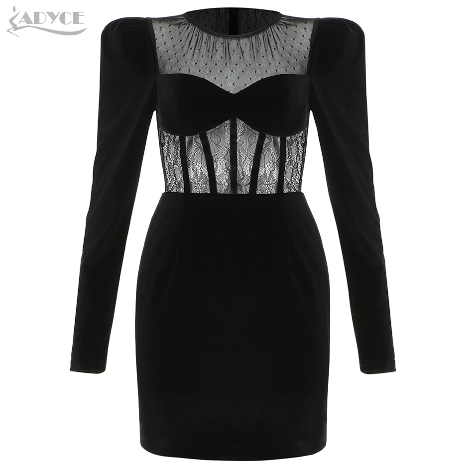 Summer Women Elegant Black Lace Mini Dress Sexy Lady Long Sleeve Velvet Club Celebrity Evening Runway Party 210423