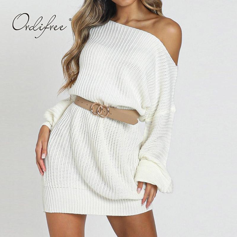 Ordifree 2021 Autumn Winter Women Knitted Dress Long Sleeve Sexy Loose White Sweater Casual Dresses