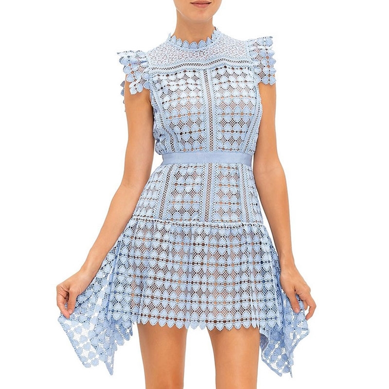 Runway Self Portrait Summer Women Party Dress Vintage Lace Patchwork Hollow Out Sleeveless Crochet Foral Beach 210520