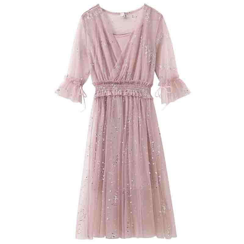 Two Piece Women Dress Summer Sweet Short Sleeve V-neck Mesh Dresses Elastic Waist Ladies Long Party Dress Vestidos 210521