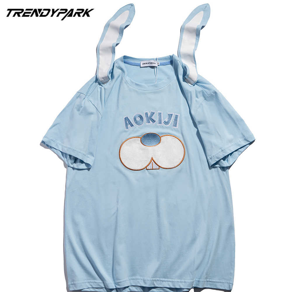 Men's Cute Rabbit Ear T-shirt Hip Hop Streetwear Harajuku Cotton T Shirt Summer Short Sleeve T-Shirt Loose Casual Shirt Tee 210601