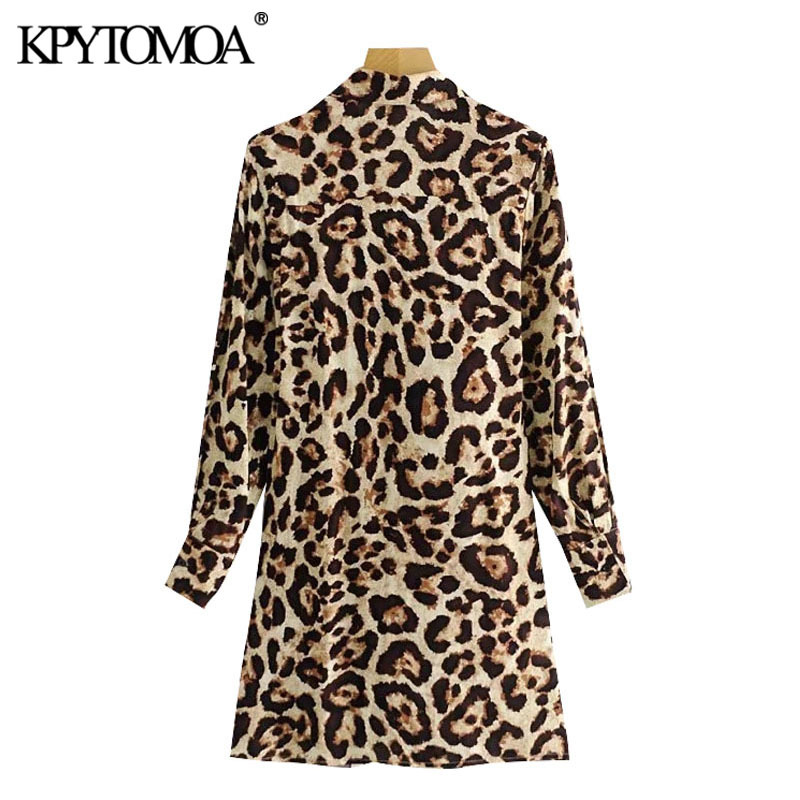 Women Chic Fashion With Bow Tied Leopard Print Mini Dress V Neck Long Sleeve Female Dresses Vestidos Mujer 210420