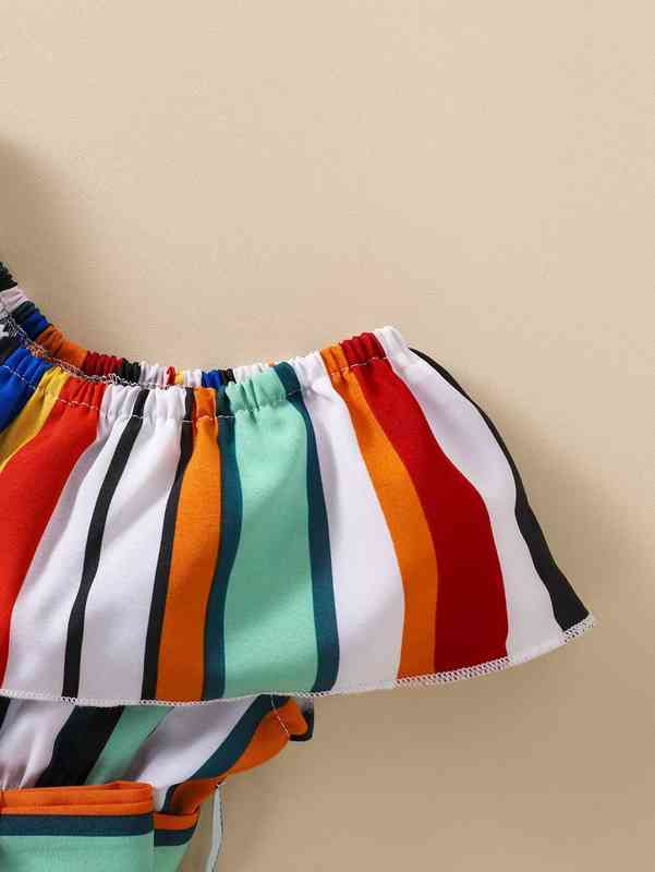 Baby Block Striped Ruffle Trim Belted Wide Leg Jumpsuit SHE