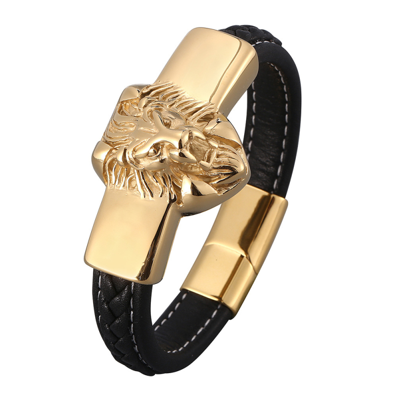 Hip Hop Men Jewelry Gold Plated Stainless Steel Lion Head Charm Leather Bracelet with Buckle