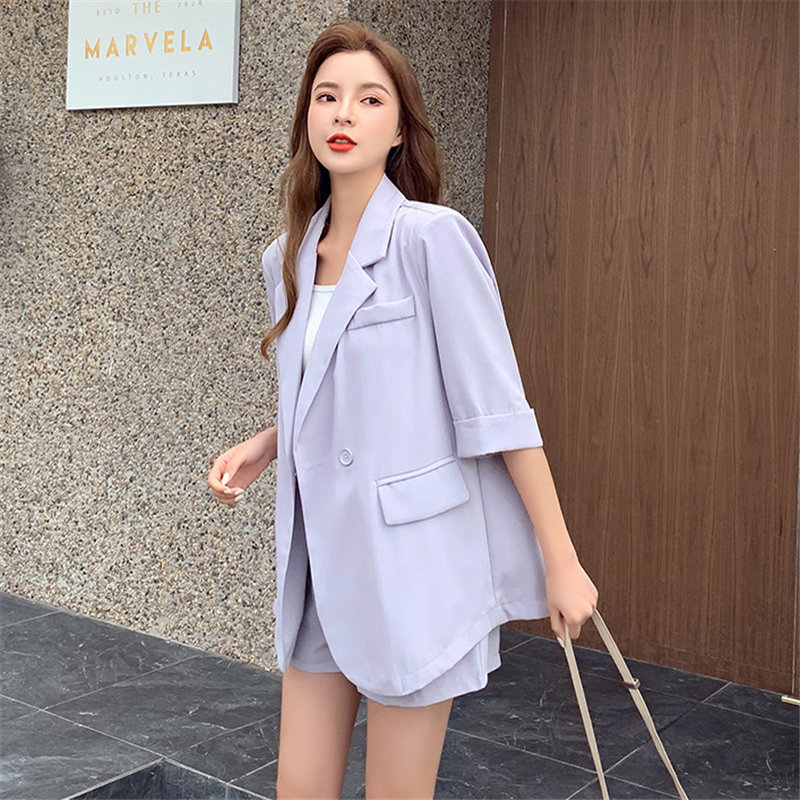 OL Purple Thin Summer Streetwear Chic Elegance Brief Blazers+High Waist Stylish Shorts Suits Women 2 Piece Sets 210421