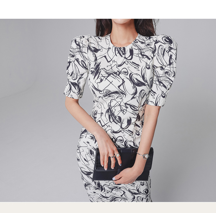 Summer Women Puff Sleeve Print Bodycon Dresses Korea Elegant Fashion O-Neck Office Pencil Party Dress Vestidos 210519