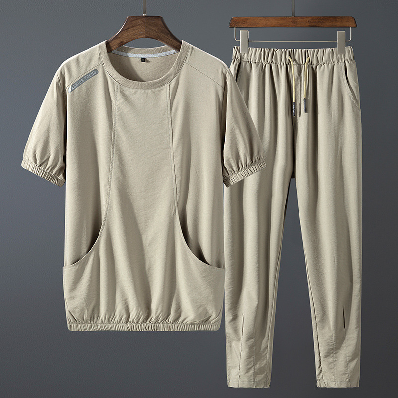 Mens Sports Leisure Suit Ice Silk 2021 Summer New Korean Trend Short-sleeved Tide Brand Fashion Mens Clothing, Light khaki
Mens Sports Leisure Suit Ice Silk 2021 Summer New Korean Trend Short-sleeved Tide Brand Fashion Mens Clothing, Light khaki