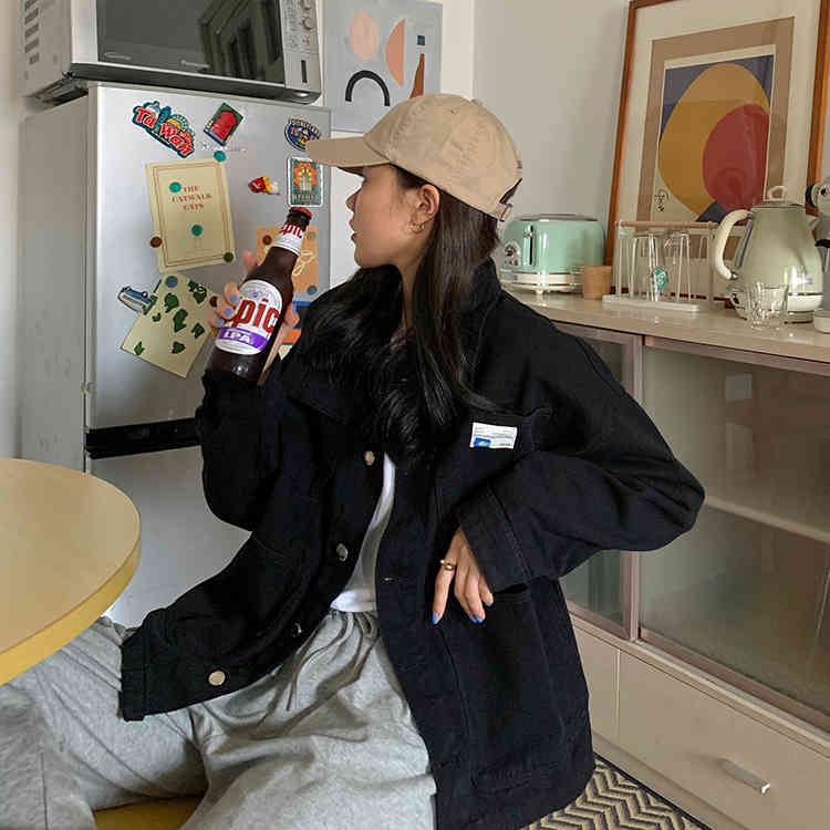 4 color Women's blue Jean Coats autumn Women loose pocket Denim Jacket Long Sleeve Female Girls Outwear coat woman (F7452) 210423