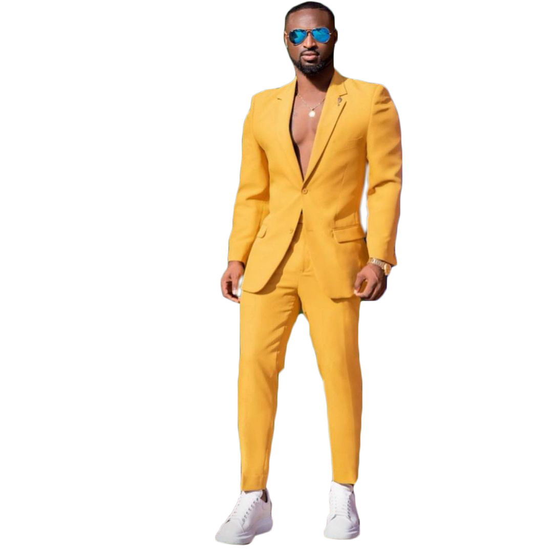 Gentleman Yellow Mens Tuxedos Plus Size Men Business Pants Suit Tailored Prom Party Wedding Suits (Jacket+Pants)