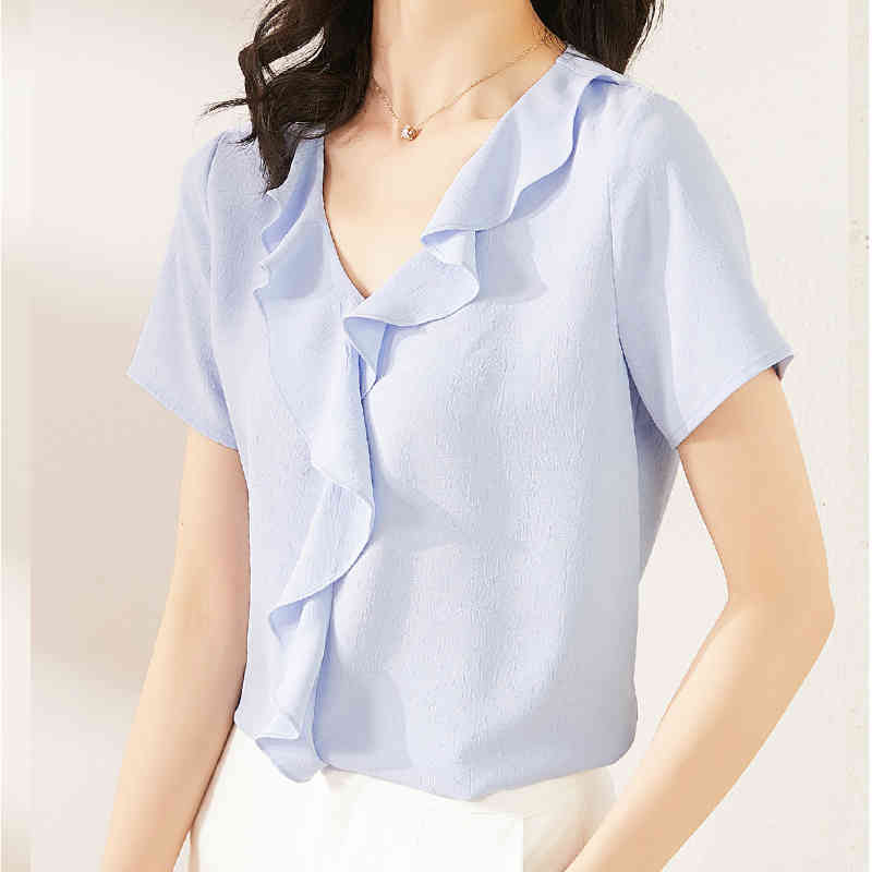Short Sleeve All-match Slim-Fit Fashion Style Summer Tops and Blouse Solid Color Ruffled Chiffon Shirt Women Blusas Mujer 10055 210417