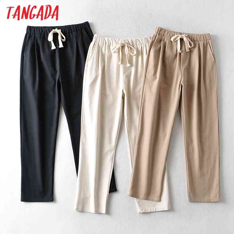 Fashion Women Cotton Linen Crop Trousers Strethy Waist Pockets Female Pants AI30 210416