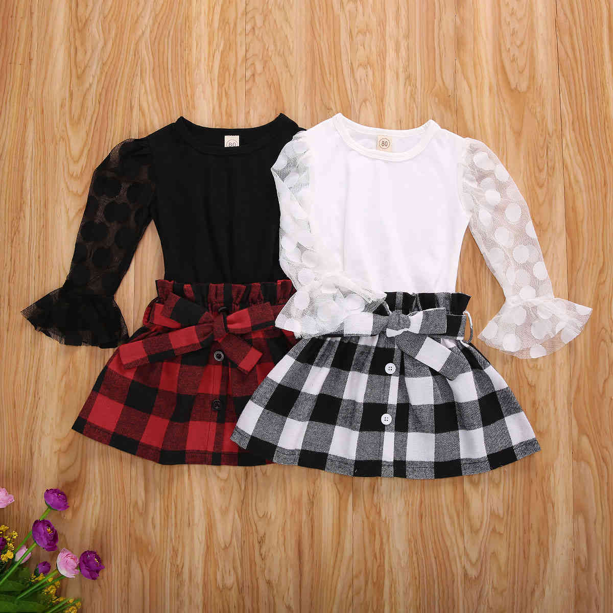 1-6Y Toddler Kid Girls Clothes Set Christmas Clothing Xmas Outfits Lace Long Sleeve Top Plaid Bow Skirts Autumn 210515