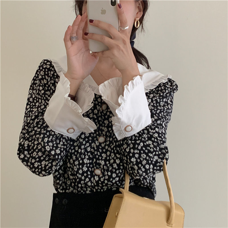 Ruffles Vintage Fashion Floral Print Shirts Women Blouse Flare Long Sleeve Elegant Loose Casual Sweet Clothes Blusas 10172 210506