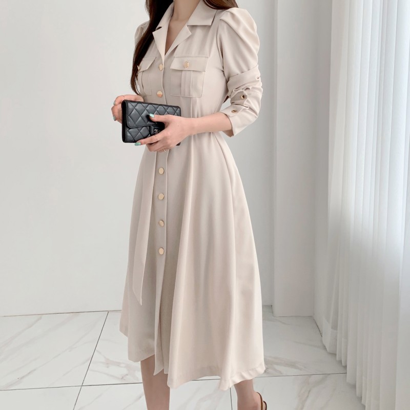 Elegant Single-Breasted Lapel Women Midi Dress Fashion Long Sleeve Belted Slim Waist Female Dress Workwear Vestidos 210518