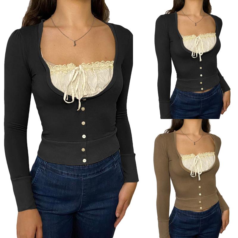 Women's T-Shirt Y2k Lace Crop Top Button Vintage T Shirt Full Sleeve Square Collar Pullovers Sweet Cute Frill Tee Women Harajuku 90s, White
Women's T-Shirt Y2k Lace Crop Top Button Vintage T Shirt Full Sleeve Square Collar Pullovers Sweet Cute Frill Tee Women Harajuku 90s, White