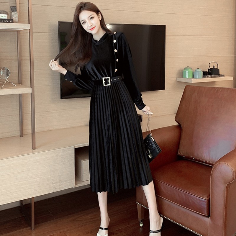 Autumn winter dress women vintage long-sleeved pleated velvet ladies elegant slim A-Line party female belt 210519