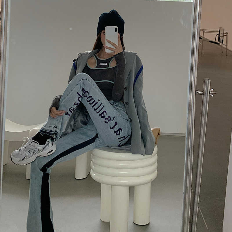 European Spring Autumn Denim Back Letters Embroidery Thin Loose Highwaisted Jeans Straight Pants Women Fashion Streetwear 210922