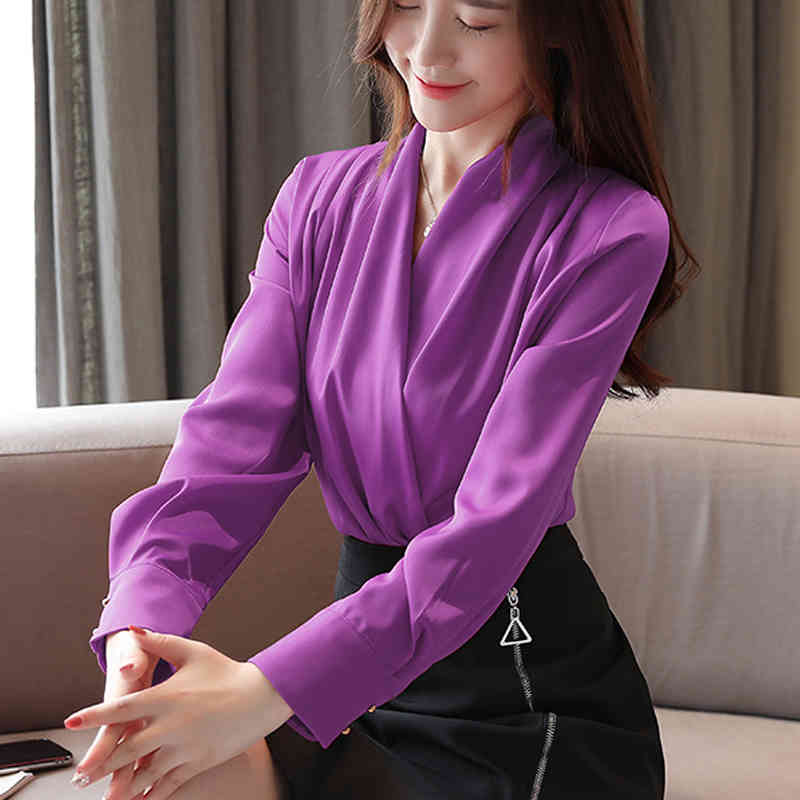 Pullover Poplin Pleated V-neck shirt Autumn Ruffle Women Korean Long Sleeve Blouses Shirt 9 Color Chiffon 820B 210420
