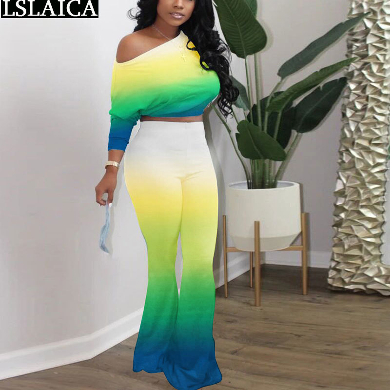 Two Piece Outfits Women Sets Tie Dye Print Crop Top Flare Pants Set Casual High Street Tracksuit Gym Sportswear Conjunto Mujer 210520