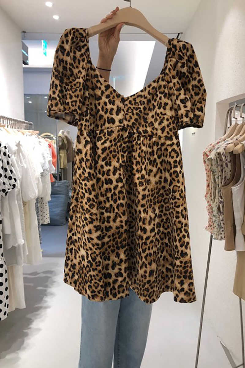 Summer Loose Waist Slim Leopard Print Patchwork Short-sleeved A Line Dresses for Women 210615