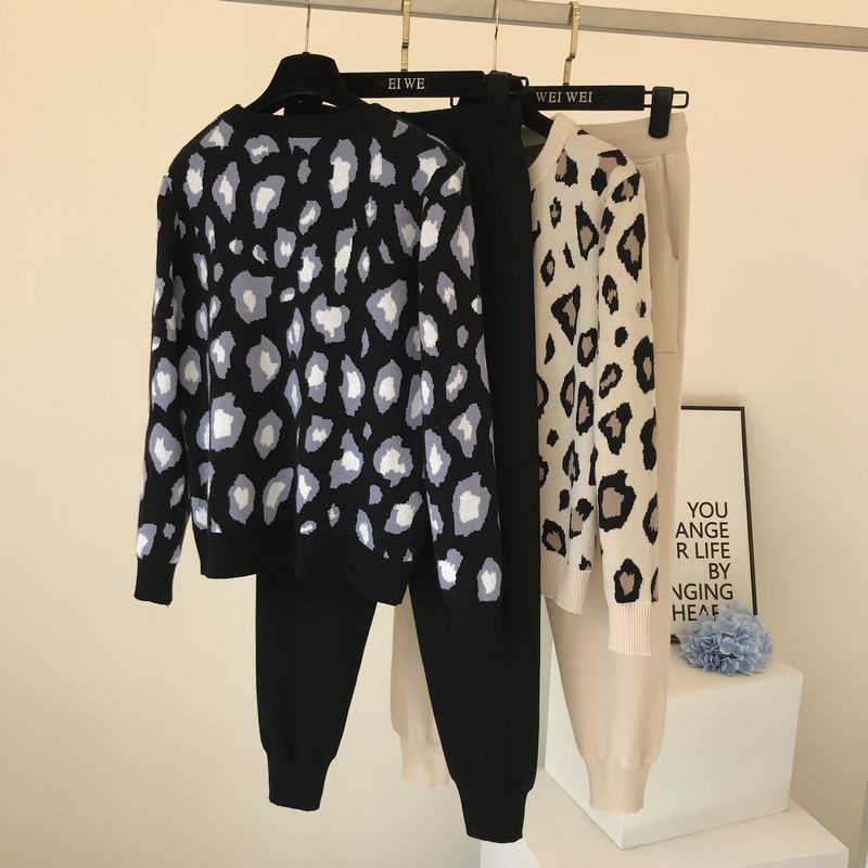 fashion Autumn Winter Women Suits Leopard Knitted O-Collor Pullover Sweater and Pants Two Piece Set TZ49 T200817
