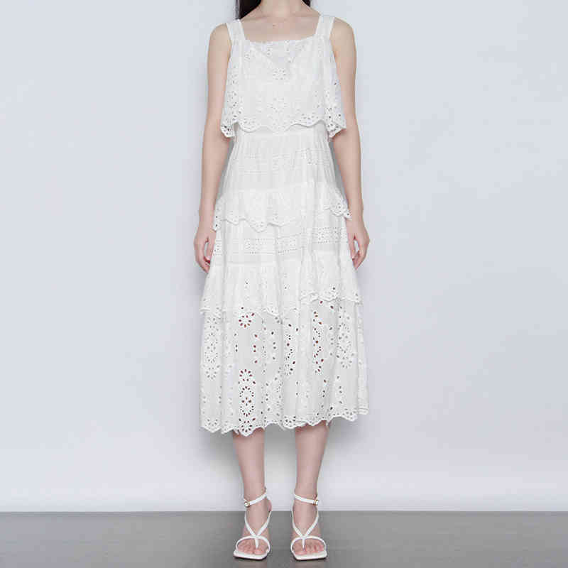 White Hollow Out Women's Dress Square Collar Sleeveless High Waist Ruched Elegant Dresses Female Clothing 210520