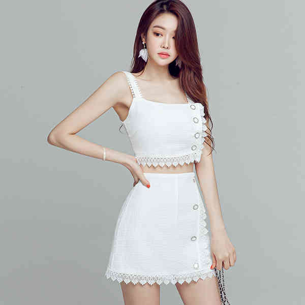 Summer Arrival Fashion 2 Piece Set Women Lace patchwork Sling Vest crop top + Bodycon Mini Skirt 210519