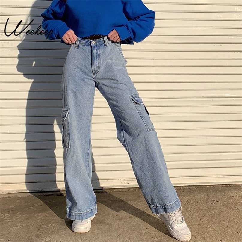 Weekeep Pockets Patchwork High Waist Jeans Women Streetwear Straight Jean Femme Blue 100% Cotton Cargo Pants 211112