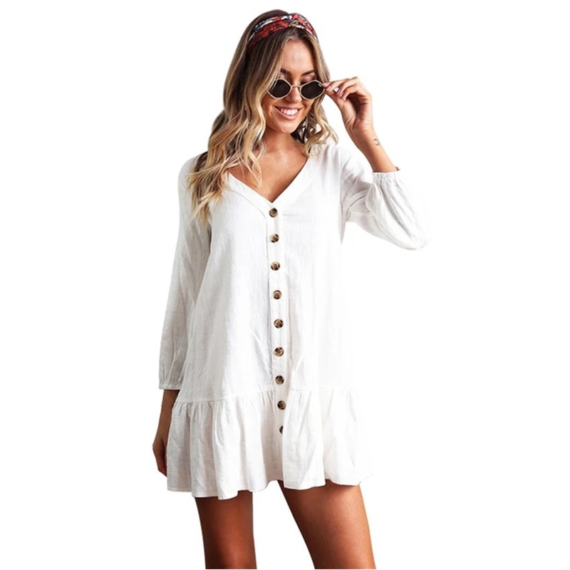 Tunic Cover-ups White Cotton Beach Mini Dress Summer Women Beachwear Sexy V-Neck Button Front Swimsuit Cover Up Q744 210420