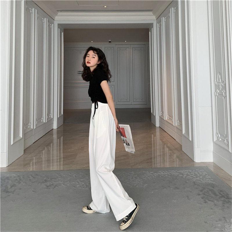 Selling Autumn White High Waist Slender Quality Streetwear Suit Full-Length Large Size Wide Leg Trousers 210421