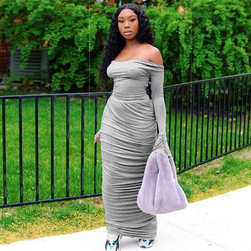 Women's Dresses Frill Off Shoulder Slim Long Dress Slash Neck Evening Party Bodycon Ruffles Solid Backless 2021 Casual