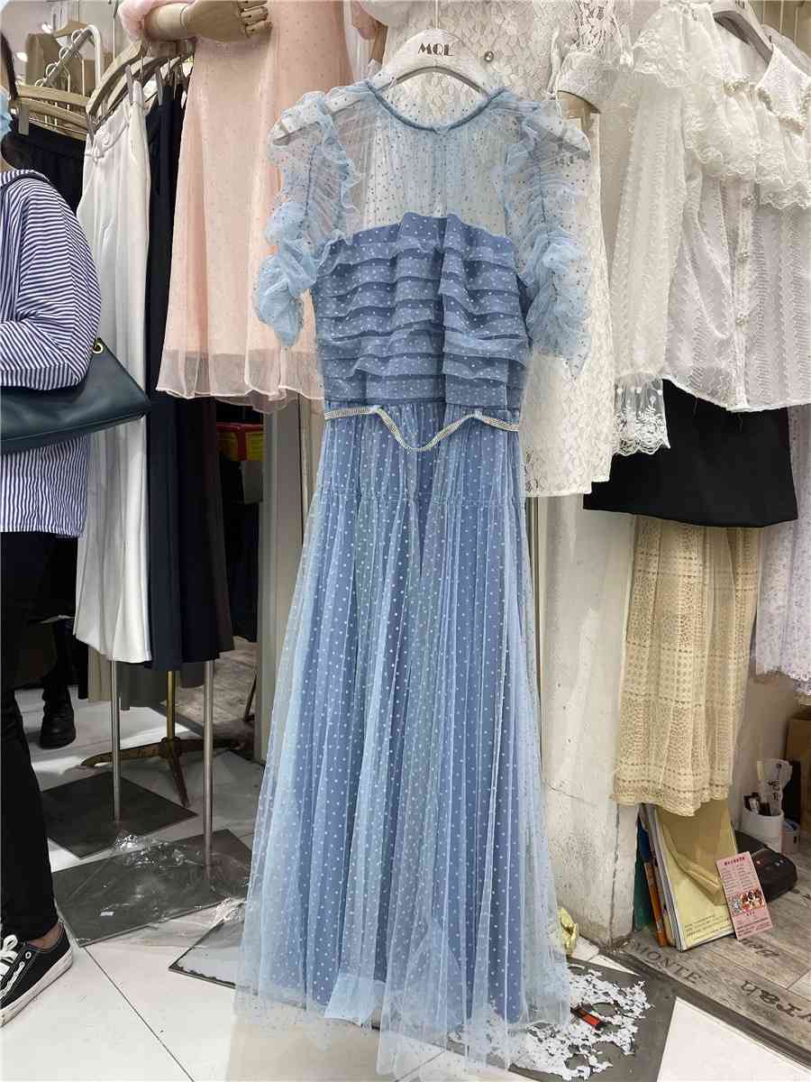 High Quality Mesh Runway Dress Summer Vintage Elegant O neck Blue Polka Dot Long es for Women With Beading Belt 210506