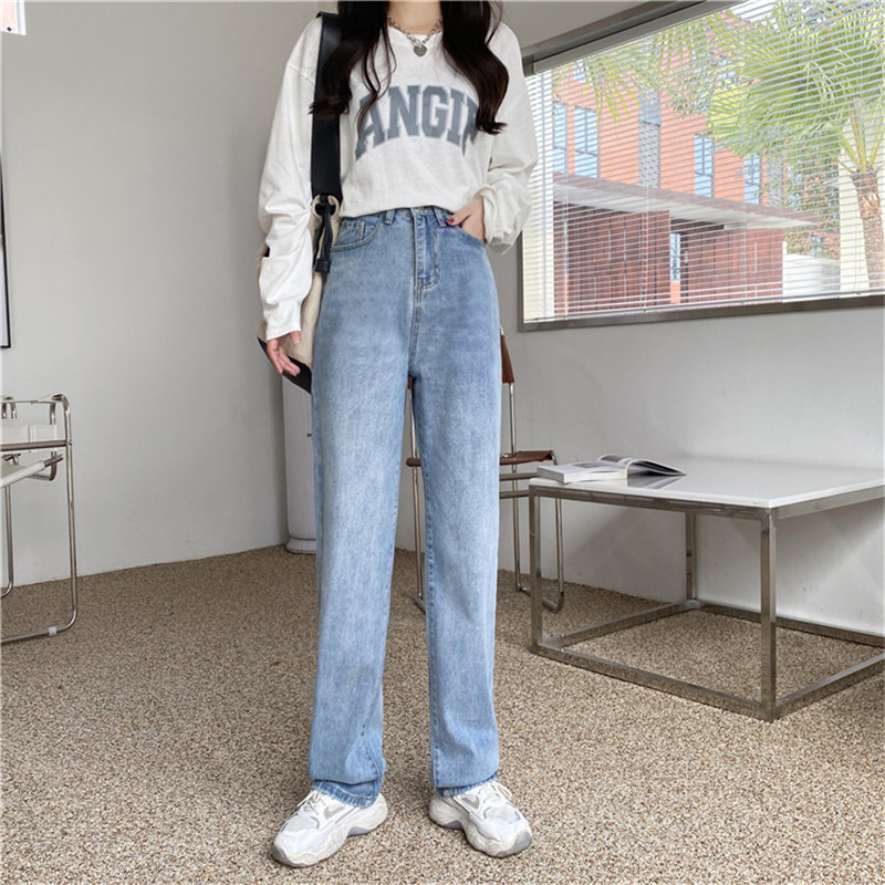 High Waist All Match Hearts Streetwear Women Light Washed Casual Straight Plus Size Denim Pants Loose Wild Trousers 210421