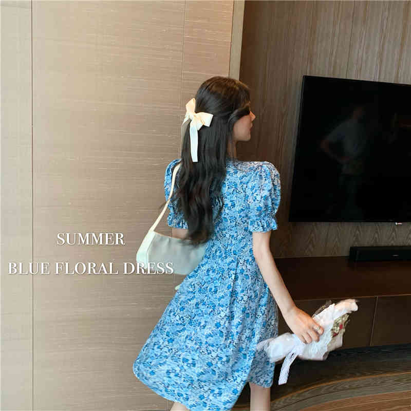 Women's Short Sleeve Blue And White Porcelain Dress V-neck Bandage A-line Slim Waist French Bubble 210506