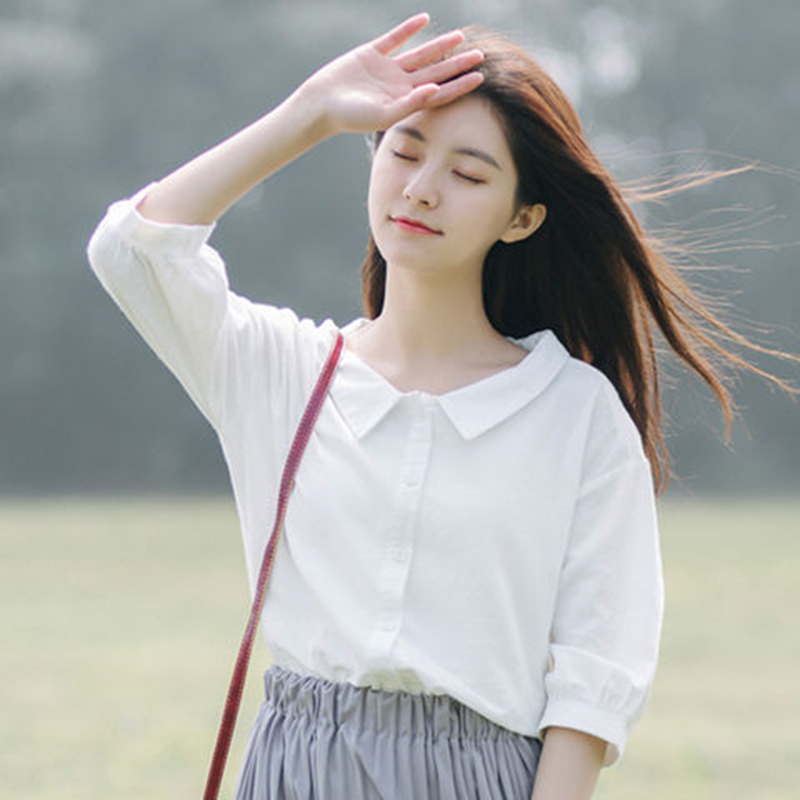 Spring Summer Korean Fashion Preppy Style Women 3/4 Sleeve Loose White Shirts Cotton Peter Pan Collar Casual Blouse S710 210512