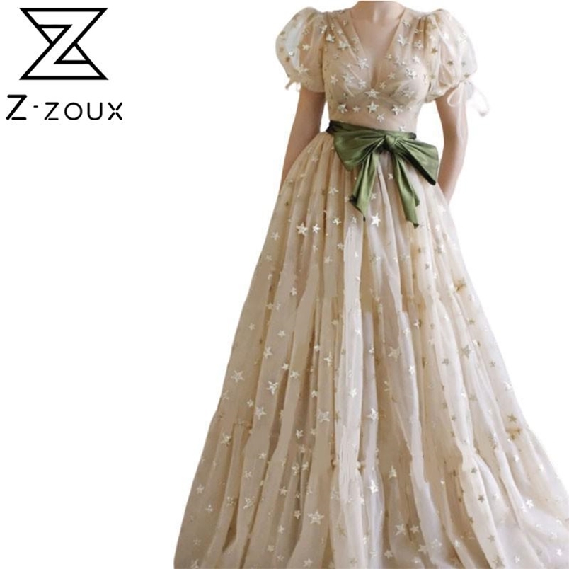 Women Dress Short Sleeve Sequined Vintage V Neck Lantern Maxi es High Waist Big Swings Long es 210513