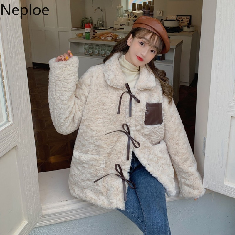 Neploe Winter Clothes Jackets for Women Loose Bow Thicked Furry Warm Outwear Streetwear Fashion Korean Coat Female 4F889 210422