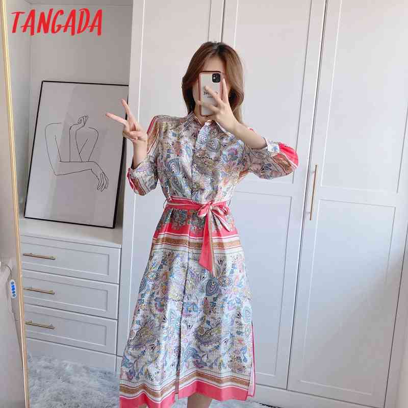 Spring Fashion Women Flowers Print Shirt Long Sleeve Office Ladies Midi Dress with Slash 5Z81 210416