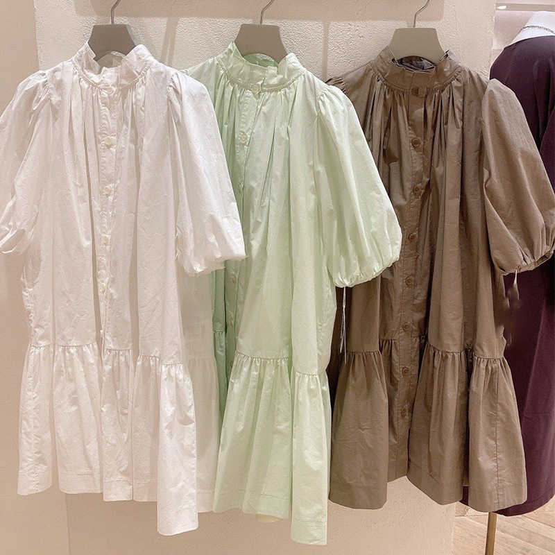 Japan Style Solid Puff Short Sleeve Stand Collar Women Dresses Simple Summer Loose Vestidos All Match Soft Moda Robe 210525
