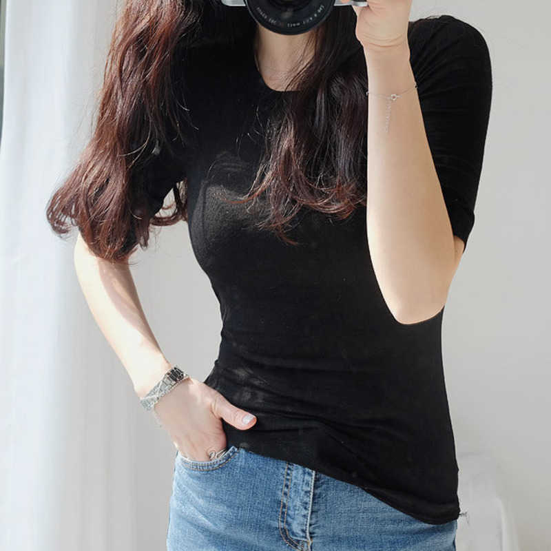 WOMENGAGA White base tops slim thin round neck half sleeve Transparent sexy korean T-shirt summer pink women Y34W 210603