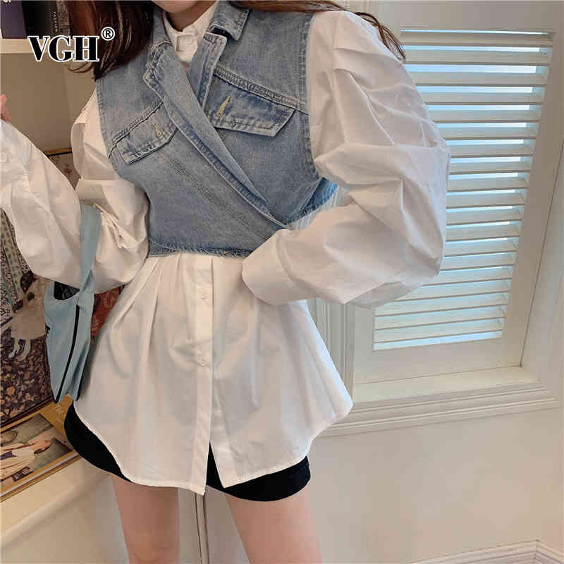 VGH White Minimalist Shirt For Women Lapel Puff Long Sleeve Casual Basic Spring Blouse Female Fashion New Clothing Tide 210421