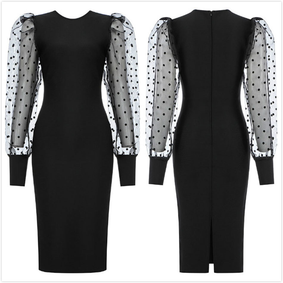 Free Women Black Bandage Dress Sexy Lace Long Lantern Sleeve Club Celebrity Runway Party Bodycon Vestido 210524