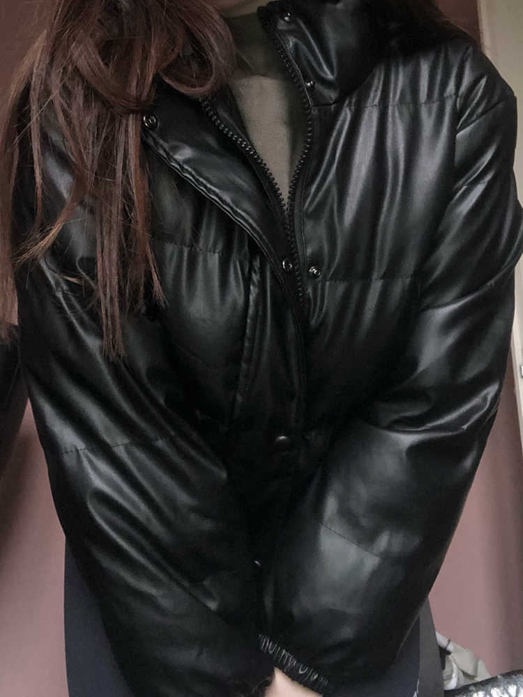 Ailegogo Winter Thick Warm Short Parka Fashion Black PU Leather Coats Ladies Elegant Zipper Cotton Jackets Female Ouwear 211013