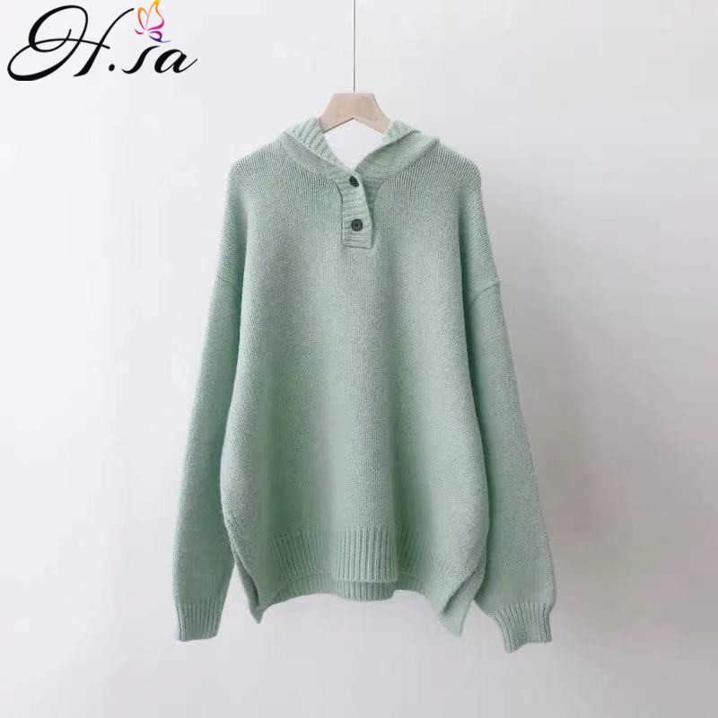 H.SA Women Oversized Hooded Sweater and Jumpers Long Sleeve Knitted Pullovers Button Up Purple Sweater Pull Femme jersey mujer 210716