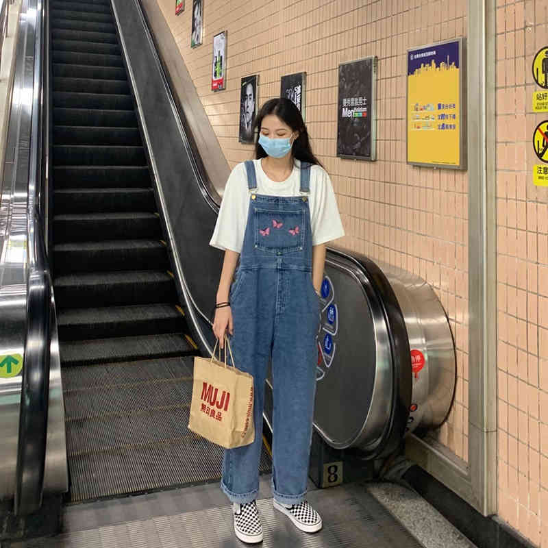 S-XL,2X,3XL,4XL korean style oversize Jumpsuit Denim Overalls Casual Girls butterfly embroidery plus size Jeans pants womens 210423