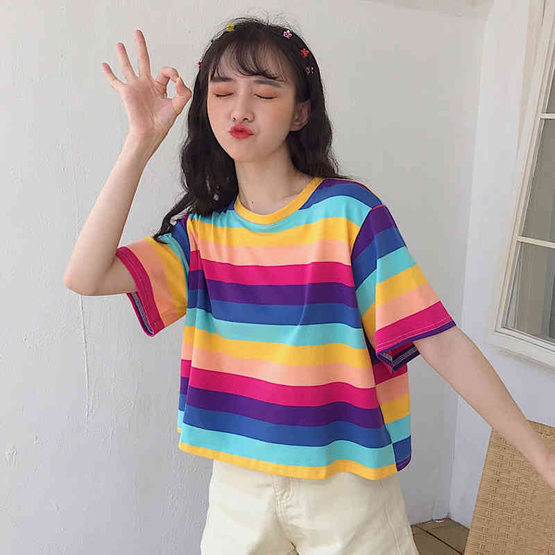 HWLZLTZHT Summer Rainbow Female Tshirt Striped Women's ShortSleeved Loose Shirt Women Cotton TShirt 210406